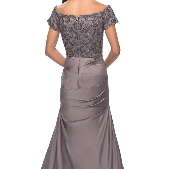 La Femme Silver Off the Shoulder Beaded Satin Trumpet Gown - Picture 1 of 3